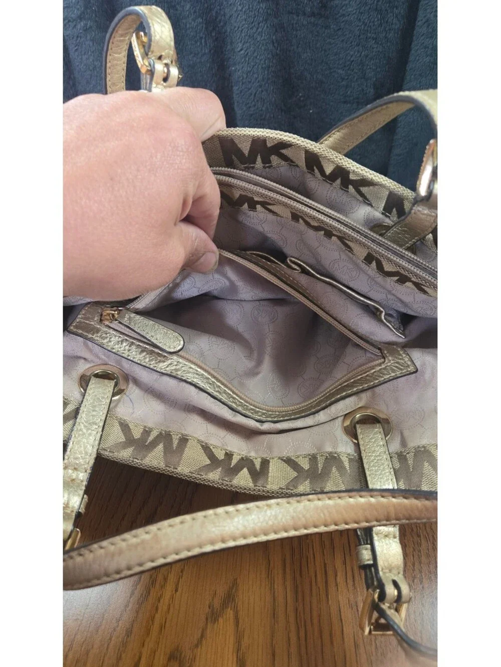 Michael Kors Beige and Brown MK Logo Tote Bag with Gold Handles